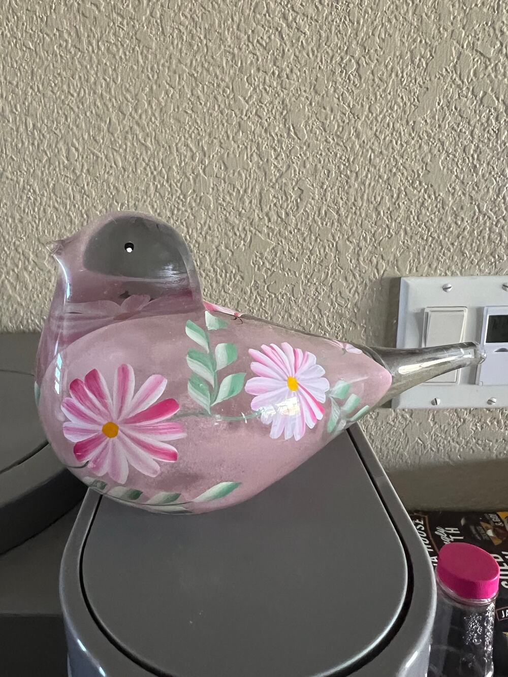 Vintage Fenton-Style Pink Satin Glass Songbird Figurine – Hand-Painted Floral